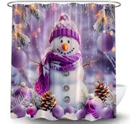 LAEDCIITI Christmas Shower Curtain Winter Purple Snowman Xmas Ball Snowy Pine Tree Holly Branch Snowflake Rustic Forest Scenery Merry Christmas New Year Winter Holiday Fabric Bath Curtain with Hook