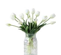 Laelfe 10 Pcs Artificial Tulips Flowers, 40 cm Long Stem Real Touch Latex Tulip Bouquet, Fake Tulips for Office Wedding Party Home Kitchen Garden Decoration (White)