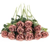 Laelfe 12 Pcs Dusky Pink Artificial Roses, 21in Single Long Stem Fake Silk Dusty Pink Rose Flowers for Wedding Bridal Bouquet Home Party Arrangment Hotel Garden Decoration (Dusty)