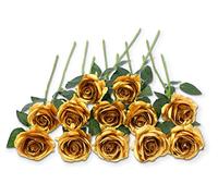 Laelfe 12 Pcs Gold Roses Artificial Flowers, Long Stem Faux Silk Gold Flowers for Wedding Bridal Bouquet Christmas Home Party Hotel Garden Decoration