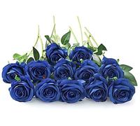 Laelfe 12 Pcs Royal Blue Artificial Roses, Long Stem Faux Silk Blue Flowers Fake Roses for Wedding Bridal Bouquet Home Party Arrangment Hotel Garden Decoration (Royal Blue)