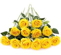 Laelfe 12Pcs Yellow Roses Artificial flowers, Long Stem Faux Silk Yellow Flowers Fake Roses for Wedding Bridal Bouquet Home Party Hotel Garden Grave Decoration