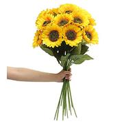 Laelfe Large Artificial Sunflowers, 60cm Long Stem Fake Silk Sunflowers Artificial Flowers Realistic Faux Sunflower with Dark Center for Home Wedding Party Graves Office Outdoor Decorations, 6 Pack