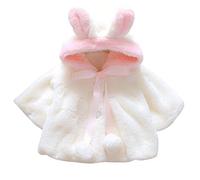 LAEMILIA Baby Girl Faux Fur Coat Cloak Hooded Fluffy Bunny Ears Warm Snowsuit Outerwear with Pompom (White, 12-18 Months)