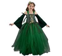 LAEMILIA Fairy Costume for Girls Forest Elf Outfit Kids Halloween Costumes Tulle Dress Flower Crown Headband Elves Ears Arm Sleeves Children's Woodland Fancy Dress Age 2-12