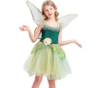 LAEMILIA Fairy Costume for Girls Halloween Outfits Pink Princess Tutu Dress with Pixie Wings Green Elf Fancy Dress Fairytale Dress Up Set Age 5-10