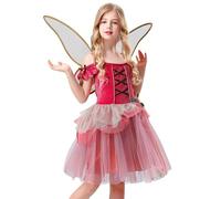 LAEMILIA Fairy Costume for Girls Halloween Outfits Pink Princess Tutu Dress with Pixie Wings Green Elf Fancy Dress Fairytale Dress Up Set Age 5-10