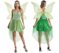 LAEMILIA Forest Fairy Costume Women Christmas Fairytale Fancy Dress Adult 2-Piece Elf Dress + Detachable Wings Flower Princess Dress Up Outfits UK Sizes 8-20 (S-XXL)