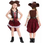 LAEMILIA Halloween Pirate Costume Kids Girls Dress Up 5 Piece Pirate Skirt Shirt Belt Captain Hat Arm Cuffs Buccaneer Fancy Dress Historical Clothes Age 4-16