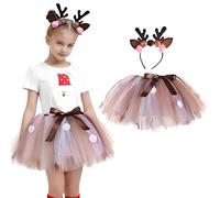 LAEMILIA Kids Animal Costumes for Girls 4 Pcs Fancy Dress Accessories Cosplay Outfits Children Deer Antlers Headband+Tutu+Skirt+Tail+Bow Tie Role Play Clothes Age 0-10