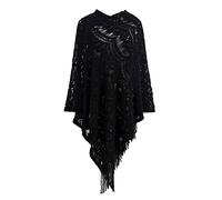 LAEMILIA Ladies Knitted Lace Shawl Poncho Asymmetric Tassel Winter Turtleneck Cape Jumper Sweater (Black, 12/22)