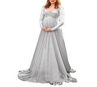 LAEMILIA Maternity Gown Dress for Photo Shoot Full Length V-Neck Elegant Tulle A-line Lace Embroidery Maxi Dress Baby Shower Maroon