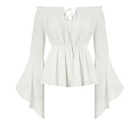 LAEMILIA Medieval Pirate Shirt Women Bell Sleeve Renaissance Blouse Vintage Off-shoulder Lace-up Gothic Top Halloween Costumes Adults UK Sizes 8-22 (S-XXL)