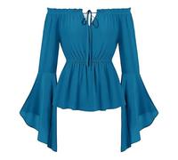 LAEMILIA Medieval Pirate Shirt Women Bell Sleeve Renaissance Blouse Vintage Off-shoulder Lace-up Gothic Top Halloween Costumes Adults UK Sizes 8-22 (S-XXL)
