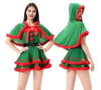LAEMILIA Mrs Claus Costume Santas Helper Outfit 2-Piece Xmas Velvet Dress + Hooded Cape Festive Fancy Dress Adult Fairy Dress Up Outfits UK Size 8-18 (M-XL)