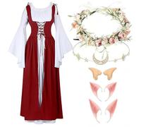 LAEMILIA Renaissance Dress Women Medieval Costume Victorian Fairy Outfit Flower Crown Headband Elf Ears Halloween Costumes Adult Cosplay Accessoires XS-3XL