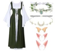 LAEMILIA Renaissance Dress Women Medieval Costume Victorian Fairy Outfit Flower Crown Headband Elf Ears Halloween Costumes Adult Cosplay Accessoires XS-3XL