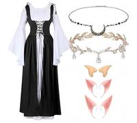 LAEMILIA Renaissance Dress Women Medieval Costume Victorian Fairy Outfit Flower Crown Headband Elf Ears Halloween Costumes Adult Cosplay Accessoires XS-3XL