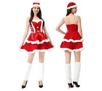 LAEMILIA Santa Costume Adult Women Christmas Fancy Dress Outfits 2-Piece Xmas Sleeveless Velvet Dress + Santa Hat sexy Santas Helper Outfit UK Size 8-18 (M-XL)