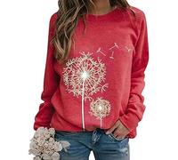 LAEMILIA Women Dandelion Print Sweatshirt Crew Neck Long Sleeve Tops Basic Jumper Tunic Blouse Shirts (Watermelon Red, 2XL)