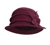 LAEMILIA Women Winter Soft Fleece Cloche Bucket Hats UV Sun Protection Hat with Piping & Bow Detail (Wine Red)