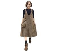 LAEMILIA Women's Corduroy Overall Dress V Neck Corduroy Pinafore Dress Ladies Cord Dresses Midi Fall Winter Baggy Dungaree Dress with Large Pockets Plus Size M-5XL / UK 8-22