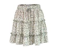 LAEMILIA Womens Elastic Waist Flared Short Skirt Floral Print Pleated Mini Skater Skirt with Drawstring Green