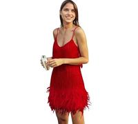 LAEMILIA Womens Glitter Sequin Party Dresses Spaghetti Strap V Neck Mini Fringed Tassel Dress Sparkly Ball Gown Sequined Prom Dress Sexy Evening Cocktail Outfit S-XL Red