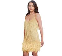 LAEMILIA Womens Glitter Sequin Party Dresses Spaghetti Strap V Neck Mini Fringed Tassel Dress Sparkly Ball Gown Sequined Prom Dress Sexy Evening Cocktail Outfit S-XL Gold