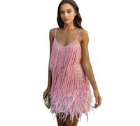 LAEMILIA Womens Glitter Sequin Party Dresses Spaghetti Strap V Neck Mini Fringed Tassel Dress Sparkly Ball Gown Sequined Prom Dress Sexy Evening Cocktail Outfit S-XL Pink