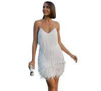 LAEMILIA Womens Glitter Sequin Party Dresses Spaghetti Strap V Neck Mini Fringed Tassel Dress Sparkly Ball Gown Sequined Prom Dress Sexy Evening Cocktail Outfit S-XL White