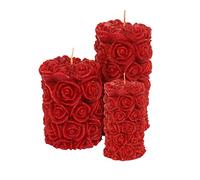Laeto Rose Detail Unscented Pillar Candle Set - Pack of 3 Red Candles for Romantic Occasions, Weddings & Church Use
