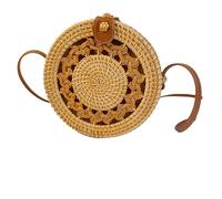 Laeuokie Women's Round Straw Purse: Handwoven Rattan, Wicker Crossbody Basket. Woven for Beach, Vacation, Everyday Use., Lace Leather Buckle 01, 7.1 x 3.1 x 7.1 inches;