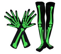 Laexepelle Glow-in-the-Dark Skeleton Arm Sleeves & Thigh High Socks Set, Unisex Luminous Fluorescent Green Bone Print Long Gloves Over Knee Stockings, One Size Halloween Cosplay Costume Accessories