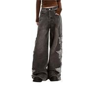 Lafaguw Baggy Jeans for Woman Girls Star Patchwork High Waist Cute Jeans Y2K Streetwear Loose Pants Grunge Emo Clothing, Black, S