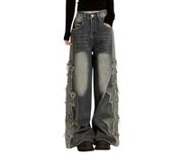 Lafaguw Baggy Jeans for Woman Girls Star Patchwork High Waist Cute Jean Streetwear Loose Pants Grunge Emo Clothing, Blue, XL