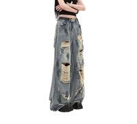 Lafaguw Baggy Jeans for Women Men Ripped Straight Leg Pants High Waisted Distressed Jeans Y2K Grunge Summer Clothes., Blue6, S