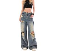 Lafaguw Baggy Jeans for Women Men Ripped Straight Leg Pants High Waisted Distressed Jeans Y2K Grunge Summer Clothes., Blue7, XL