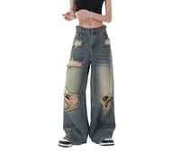 Lafaguw Baggy Jeans for Women Men Ripped Straight Leg Pants High Waisted Distressed Jeans Y2K Grunge Summer Clothes., Blue7, XL