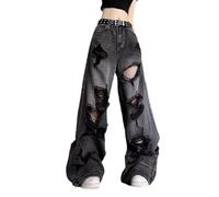 Lafaguw Baggy Jeans for Women Men Ripped Straight Leg Pants High Waisted Distressed Jeans Y2K Grunge Summer Clothes., Black3, XS