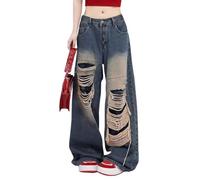 Lafaguw Baggy Jeans Y2K for Women Men Ripped Aesthetic High Waist Straight Leg Pants Vintage Streetwear Grunge Clothes., Blue1, S
