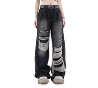 Lafaguw Baggy Jeans Y2K for Women Men Ripped Aesthetic High Waist Straight Leg Pants Vintage Streetwear Grunge Clothes., Black1, S