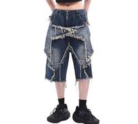 Lafaguw Baggy Jorts Y2K Men Women Star Patchwork High Waist Jeans Shorts Gothic Streetwear Grunge Summer Clothes., Blue, Medium