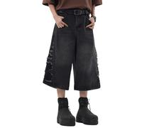 Lafaguw Cropped Jeans for Women Men High Waist Wide Leg Baggy Jorts Y2K Casual Denim Capris Pants Grunge Summer Clothes., Black5, X-Small Short