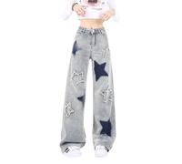Lafaguw Cute Jeans for Women Girls Star Patchwork Pants High Waisted Straight Leg Jean Casual Preppy Clothes, Linght Blue1, XS