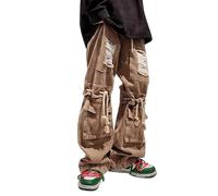 Lafaguw Mens Cargo Pants Ripped Baggy Jeans Y2K Elastic Waist Straight Leg Pants 90S Vintage Streetwear Grunge Clothes., Khaki1, Medium