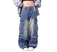 Lafaguw Mens Cargo Pants Ripped Baggy Jeans Y2K Elastic Waist Straight Leg Pants 90S Vintage Streetwear Grunge Clothes., Black2, S