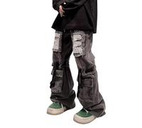 Lafaguw Mens Cargo Pants Ripped Baggy Jeans Y2K Elastic Waist Straight Leg Pants 90S Vintage Streetwear Grunge Clothes., Black1, Medium