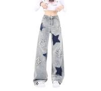 Lafaguw Star Jeans for Women Girls High Waisted Cute Patchwork Y2K Pants, Linght Blue1, Medium