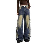 Lafaguw Women Girls Baggy Jeans Star Patchwork High Waist Cute Jeans Streetwear Loose Pants Grunge Emo Clothes